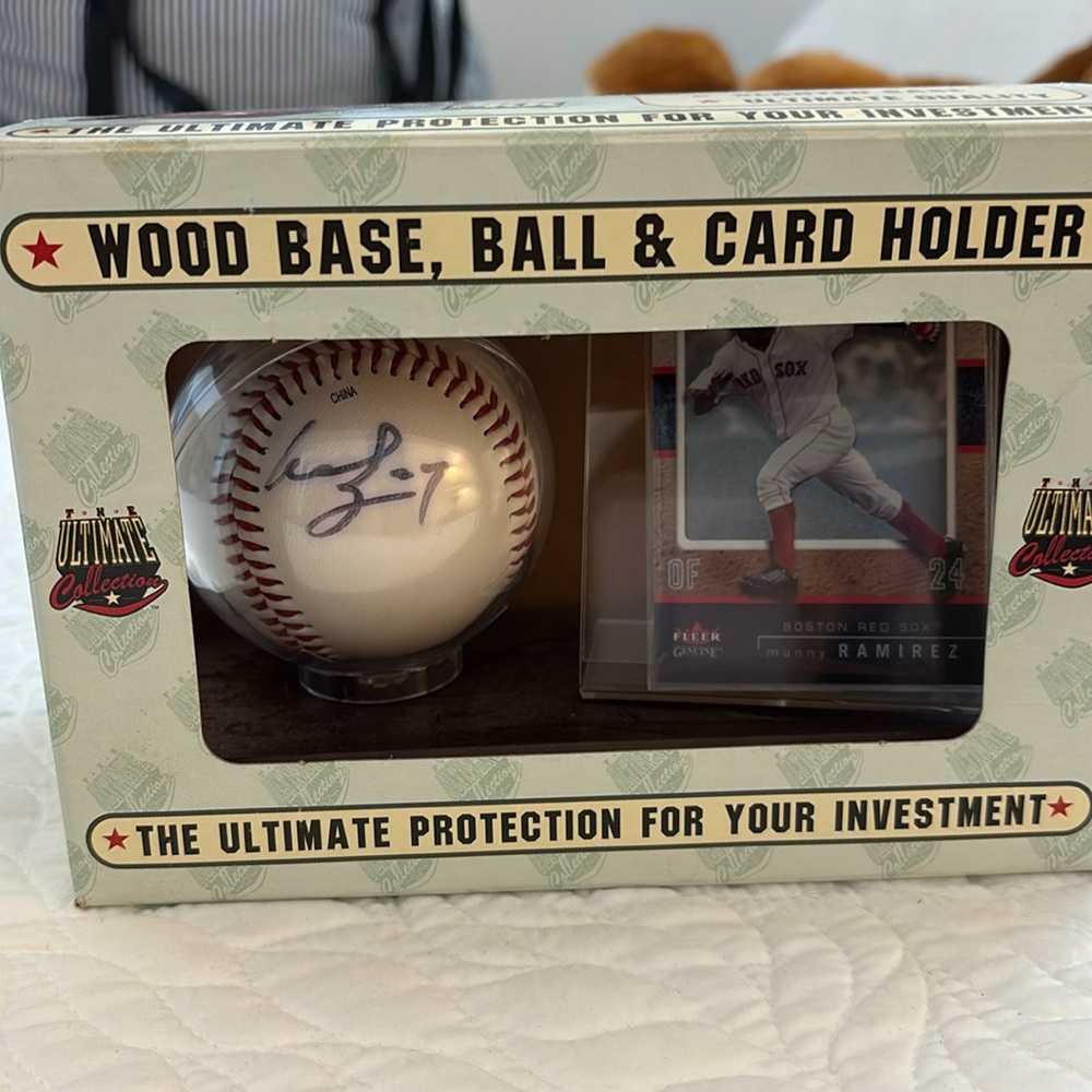 Manny Ramirez autographed baseball + Pete Schourek autograph mint with display